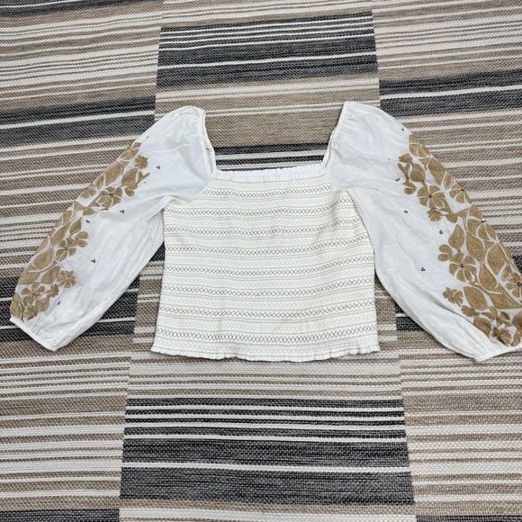 Anthropologie Women's XL White Smocked Embroidered Puff Sleeve Square Neck Top - Picture 1 of 13